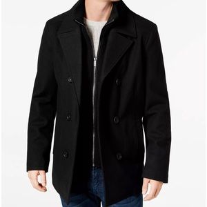 Kenneth Cole Men’s Double Breasted Wool Blend Peacoat W/Bib Black 1636985 M